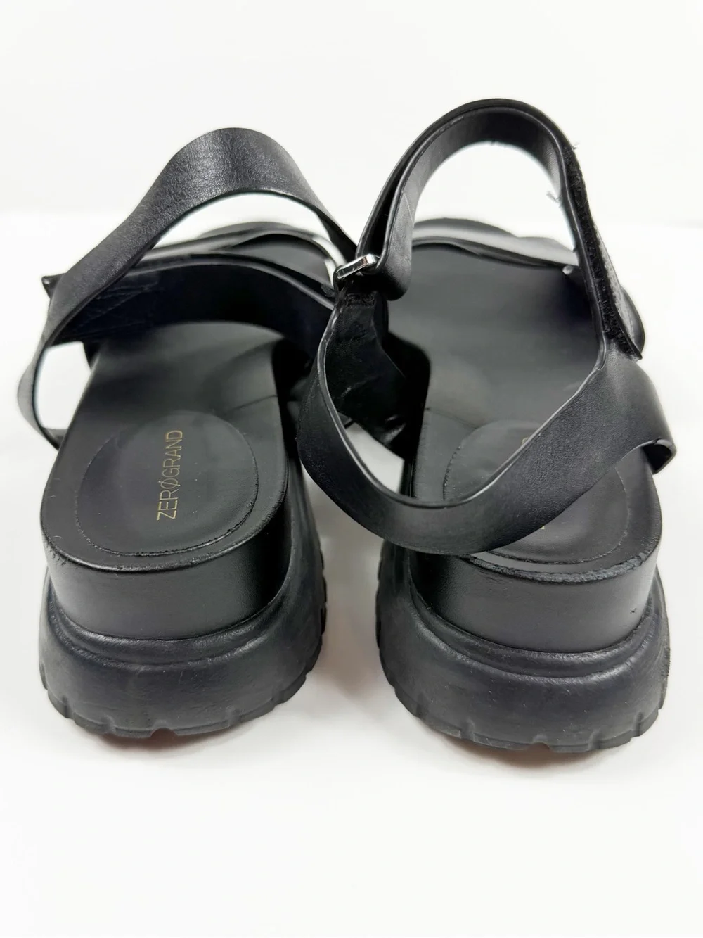Cole Haan Black Zerogrand Leather Cross-Strap Platform Sandals with Lug Sole 7.5